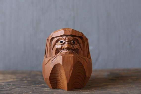 Daruma- Vintage Hand Carved Wooden Doll Figurine, Japanese Art (h3