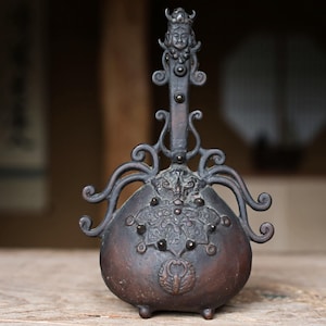 Japanese antique bronze Old 1800s bell Buddhist with sorcerer Chanting For tea ceremony H9.1in×5.9in/23×15cm