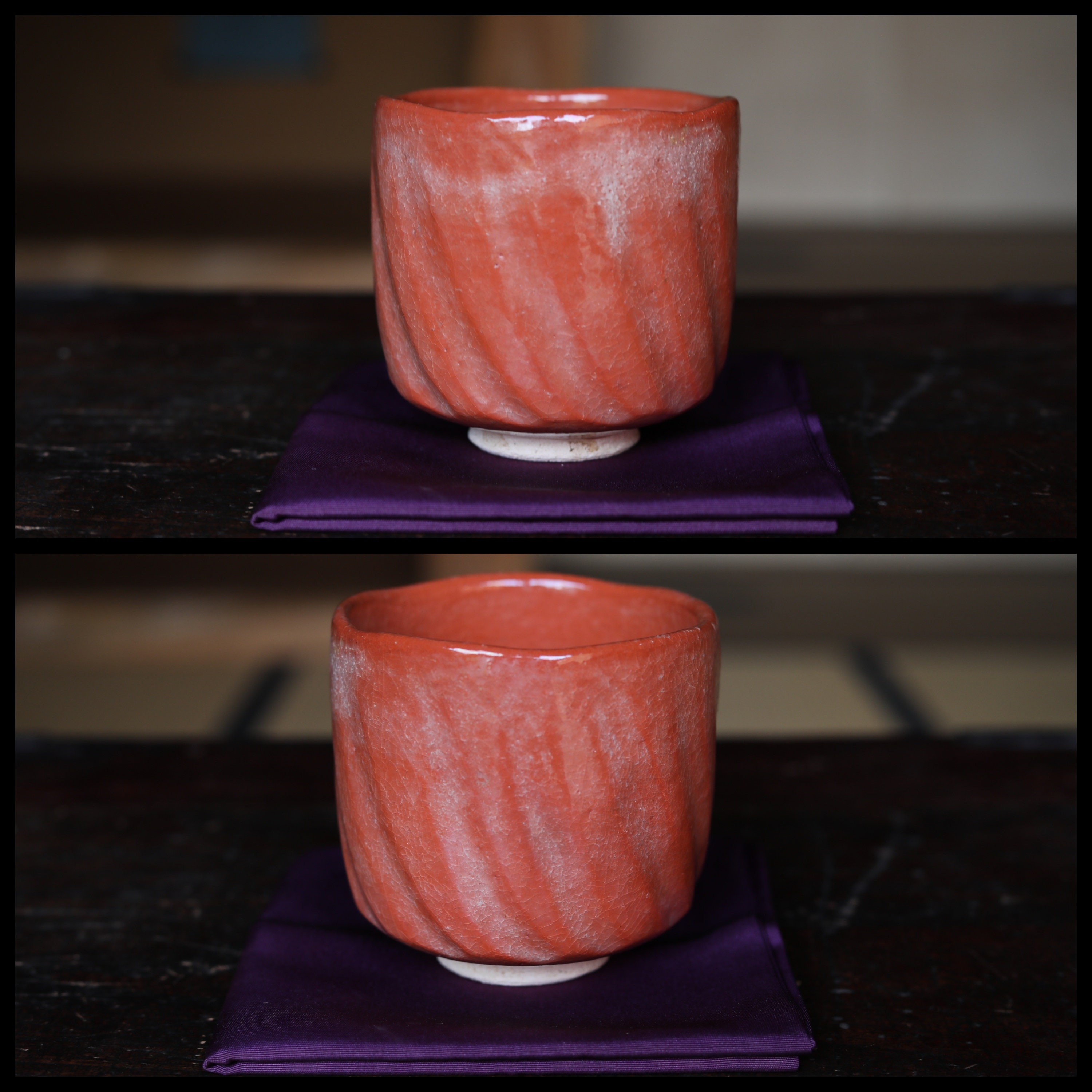 アンティークの赤楽抹茶碗：サイン入り日本製陶器茶道用茶碗、木箱入り