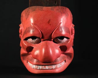 日本のアンティーク能面 赤鬼 武悪武悪 木彫り 狂言 仏像 絹袋付き