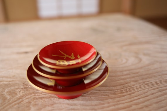 Lacquer Urushi- Vintage Japanese Makie Sake Cup Set, Gold Kanji