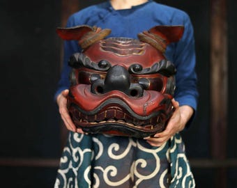 Japanese antique 1800s Shishi BIG wood mask with large cloth hand carving lacquer lion's head Festival sculptures H12.2×13.6in/H31×34.5cm