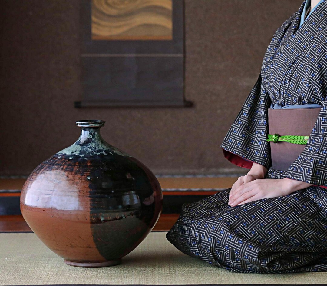 陶芸品 - ヴィンテージの益子焼の大型壺、茶と黒の日本の陶器、民芸品