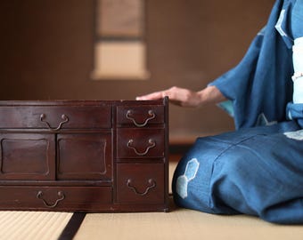 Japanese Antique Furniture Tansu Chest, Brown Urushi Wood, Metal Clasp