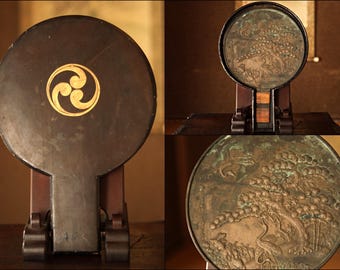 Japanese antique bronze mirror Kagami with relief of cranes pine with wooden case traditional Japan Geisha accessory SAMURAI1800sH13.2×9.3in