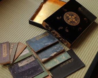 Japanese Makie Black urushi Lacquer Gold wisteria crest wooden box with 10 Buddhist sutra booklets, lacquer furniture 13.8×10in/35×25.3cm