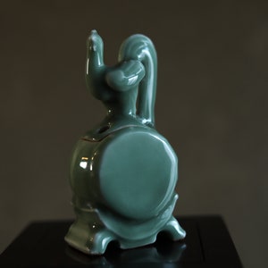 Japanese vintage Celadon porcelain censer bird &quot;hen on the drum&quot; with Kanji signature, wooden box, Incense burner H5.7×2.8in/H14.5×7cm