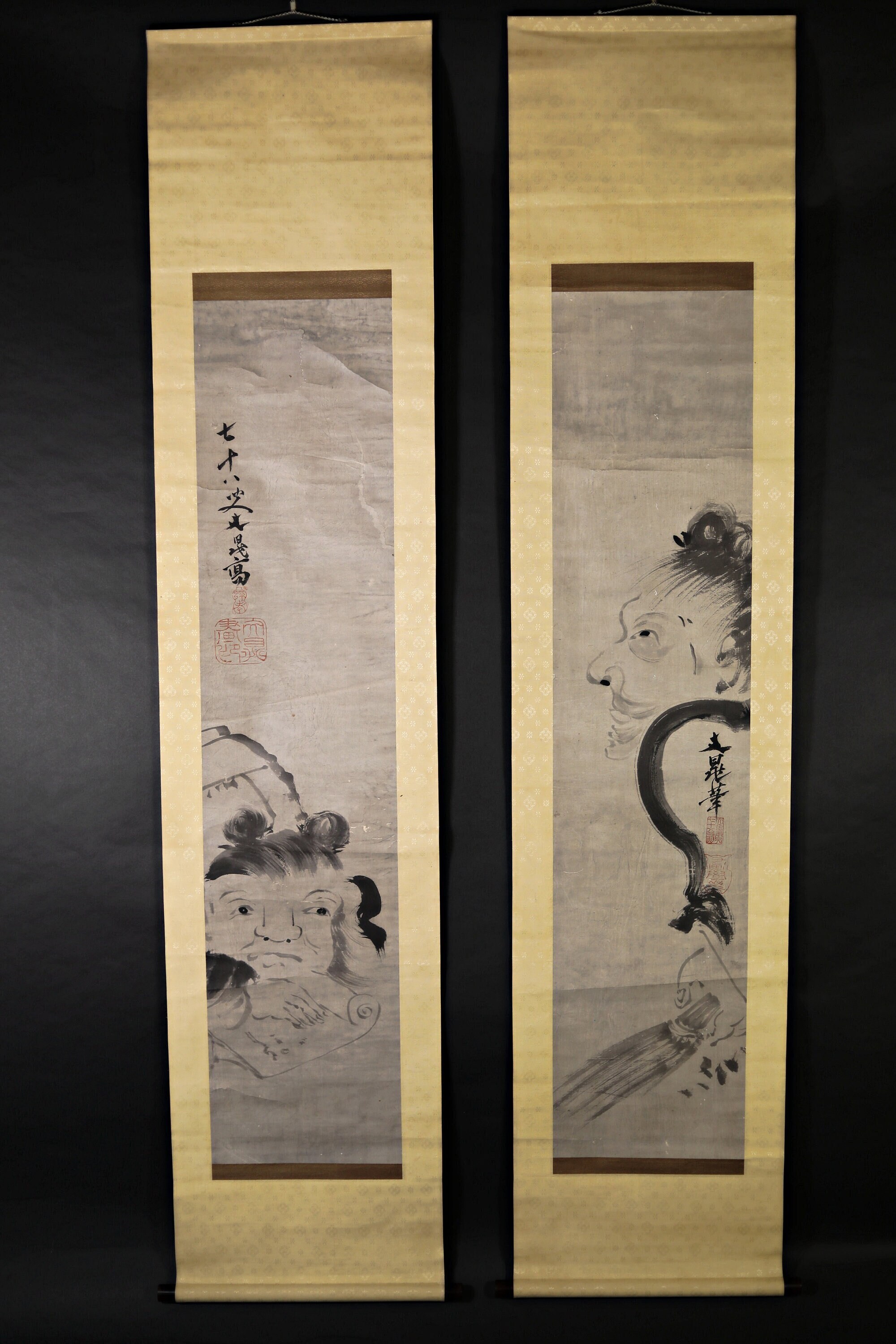 掛け軸 - アンティークな日本の禅僧墨絵、掛軸、箱付き、署名入り