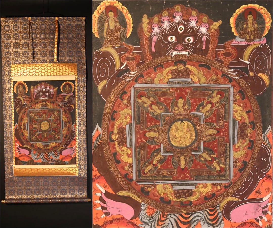 巻物絵画 - アンティークチベット曼荼羅、仏教寺院美術、シルク掛け軸