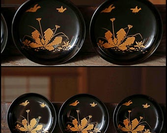 Lacquer Urushi- Antique Japanese Bowls, MAKIE Gold Sparrows