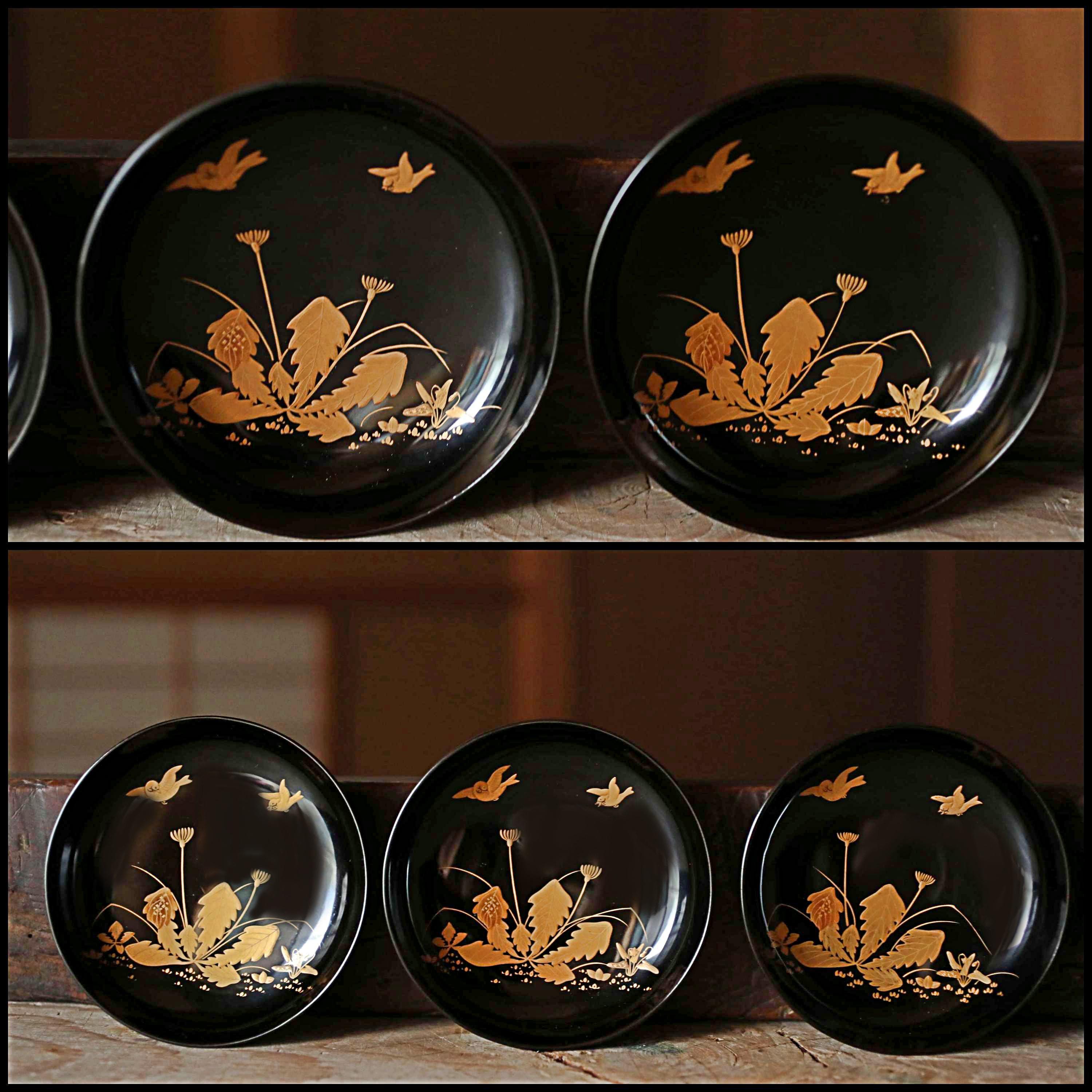 アンティーク漆塗り椀、蒔絵金雀花、5個セット - Etsy 日本