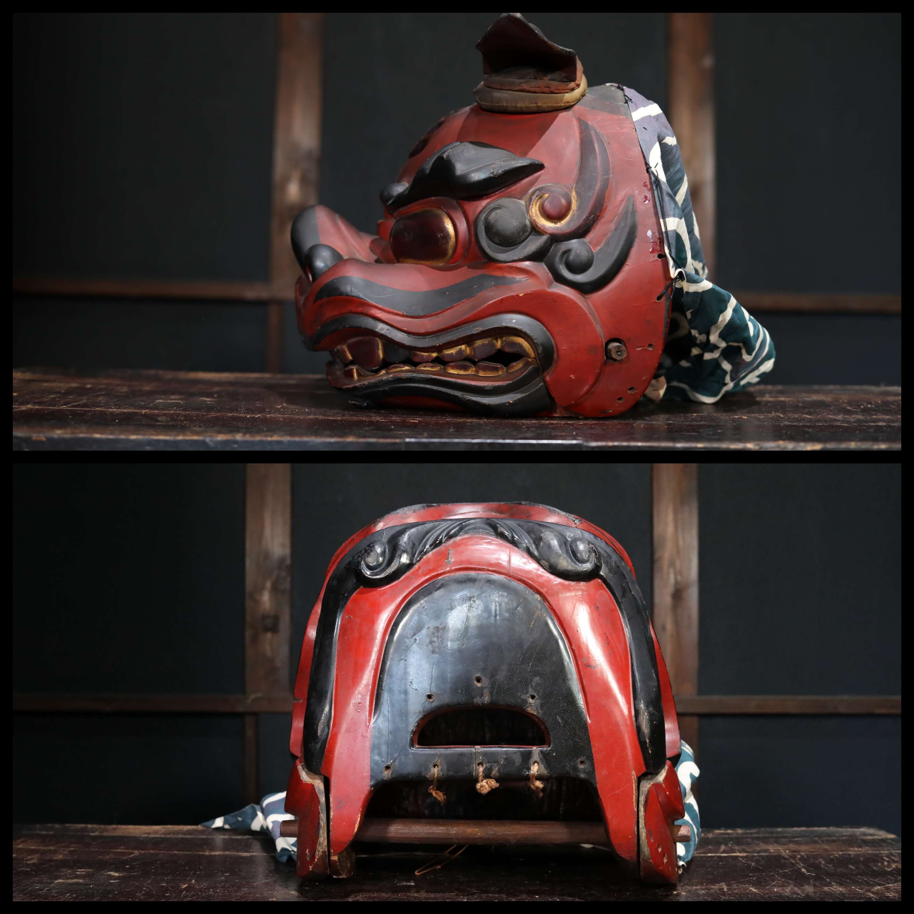 Shishi Shinto- Antique Japanese Mask, Wood Lacquer Lion Head