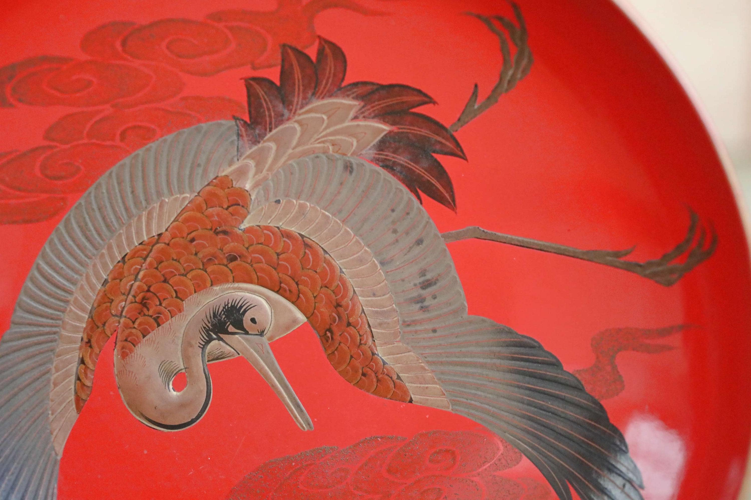Lacquer Urushi- Antique Japanese Red Gold Sake Cups, Crane Design