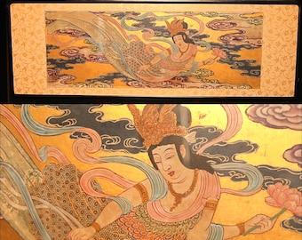 FINE! Japanese painting of heavenly maiden large wall deco hand painting buddhist temple gold colorful with wooden frame 53.5×18.5in