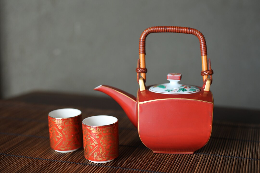 Set of Japanese Vintage Tea Pot and Cups Red and Gold Etsy