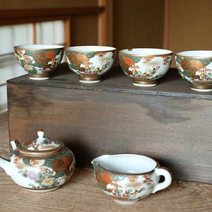 Japanese vintage Kutani ware ceramic kiln Perfect tea set, pot, 4cups, waste-water-container SENCHA tableware Tea ceremony For GIFT