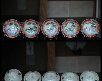 アンティーク 九谷焼 プレートセット 5枚セット 赤金彩 隠者皿 1870