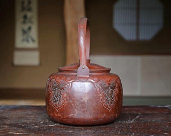 アンティークの日本製銅製やかん、手作りの茶道用ポット、1930年代（高