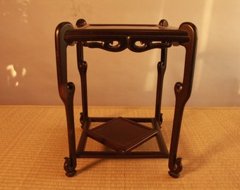 Decoration Stand Karaki dark brown wood with double shelves and unique legs, Japanese antique furniture Ikebana Bonsai H13.2×10×10in
