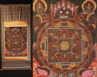 Japanese antique Buddhist hanging scroll of painting Genuine Tibetan Mandala beautiful KAKEJIKU silk wall deco with wooden Box H55.1×27.2in