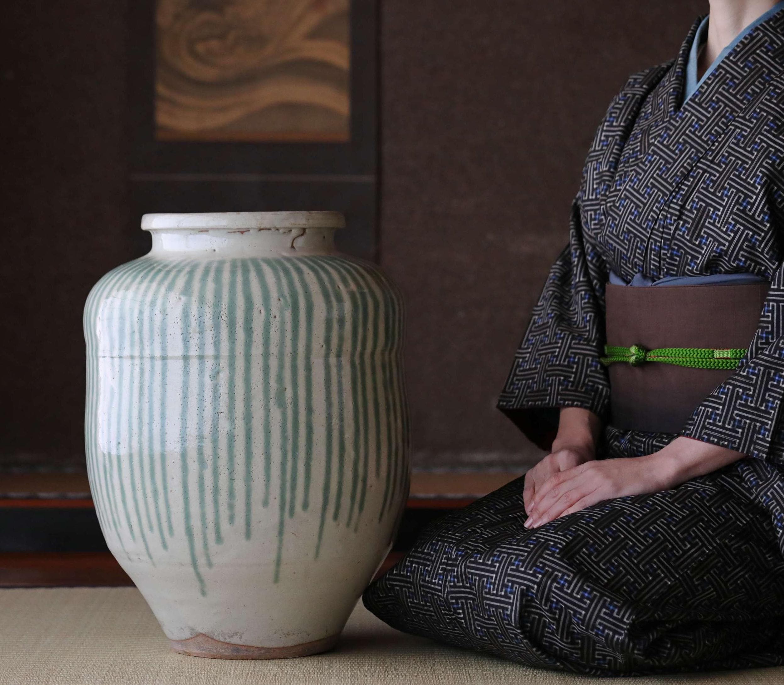 Ceramics- Antique Shigaraki Jar, Blue-green Waterfall Glaze, Meiji