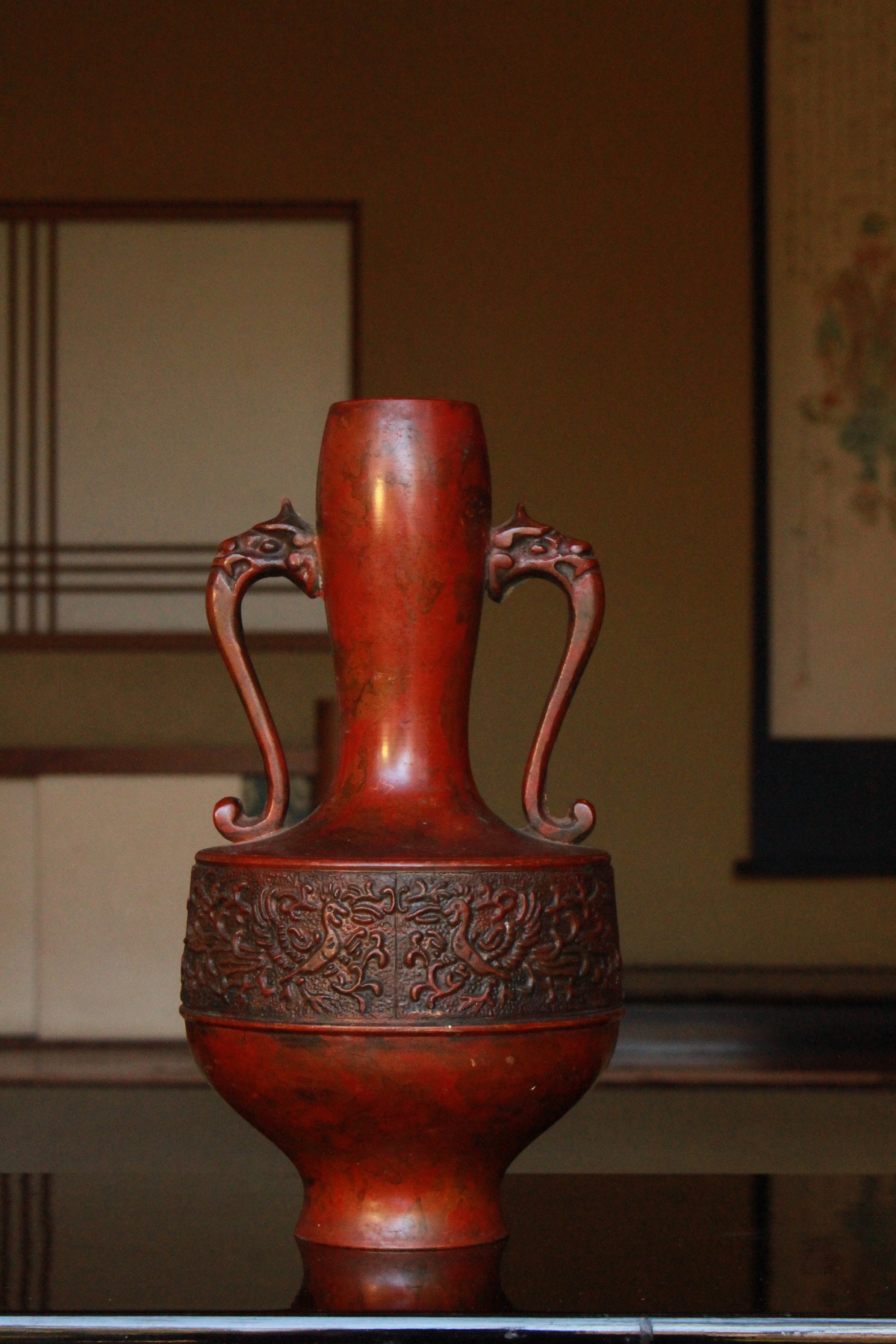 Japanese antique Bronze flower vase red brown with dragon ears Etsy