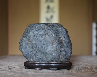Japanese Suiseki Landscape Stone With Pagoda on Ebony Daiza Stand
