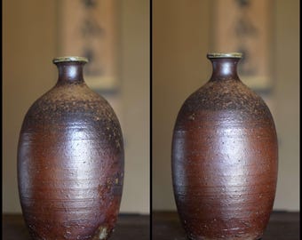 備前焼 アンティーク花瓶：飛襷釉陶器、1970年代 サイン入り、ギフト