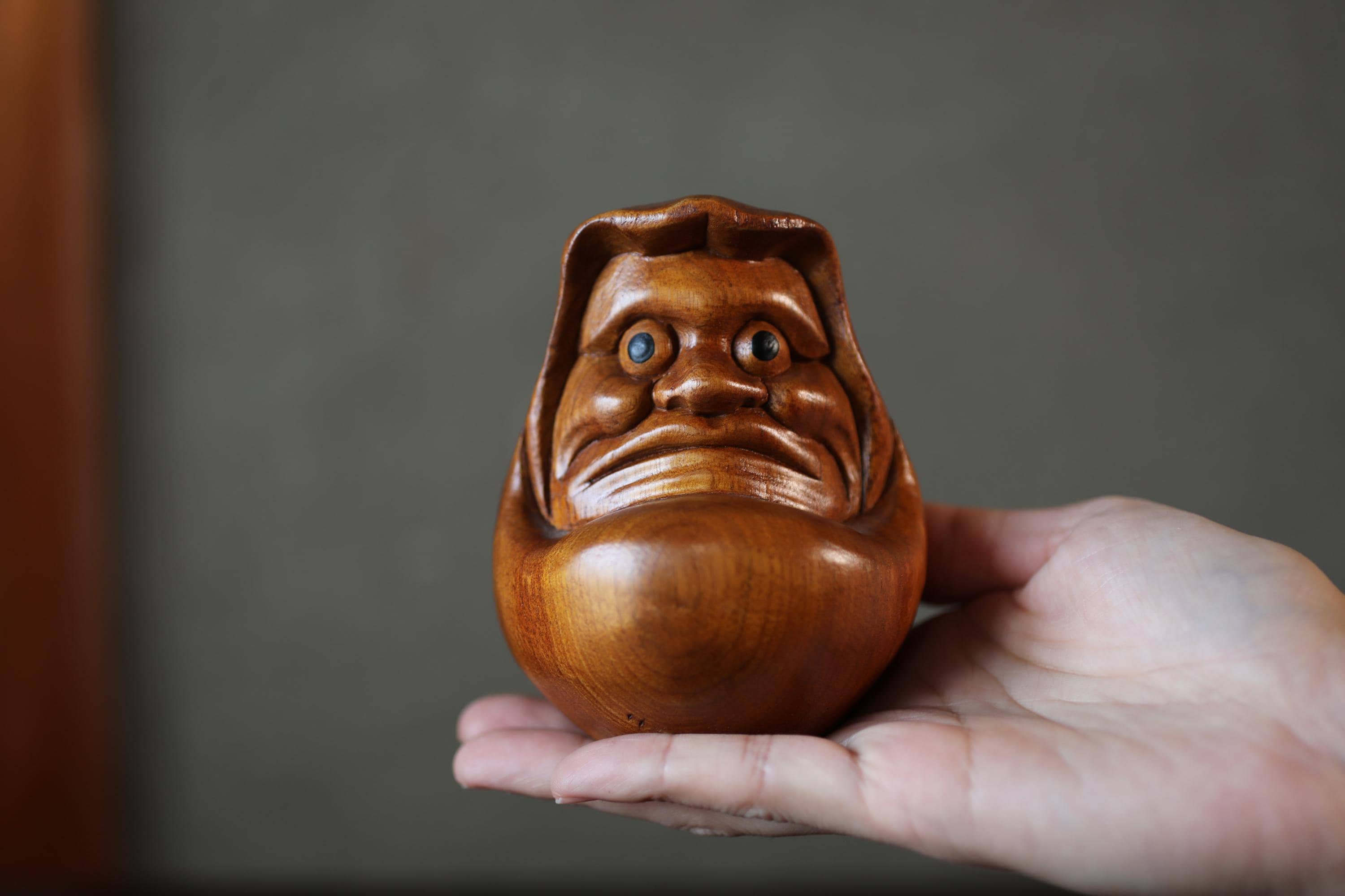Daruma- Hand Carved Wood Doll, Vintage Japanese Figurine, 3.9in