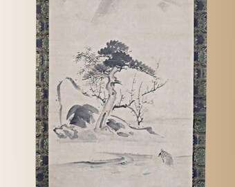 日本の骨董絵巻 江戸侘び寂び鶴亀墨掛軸 - Etsy 日本