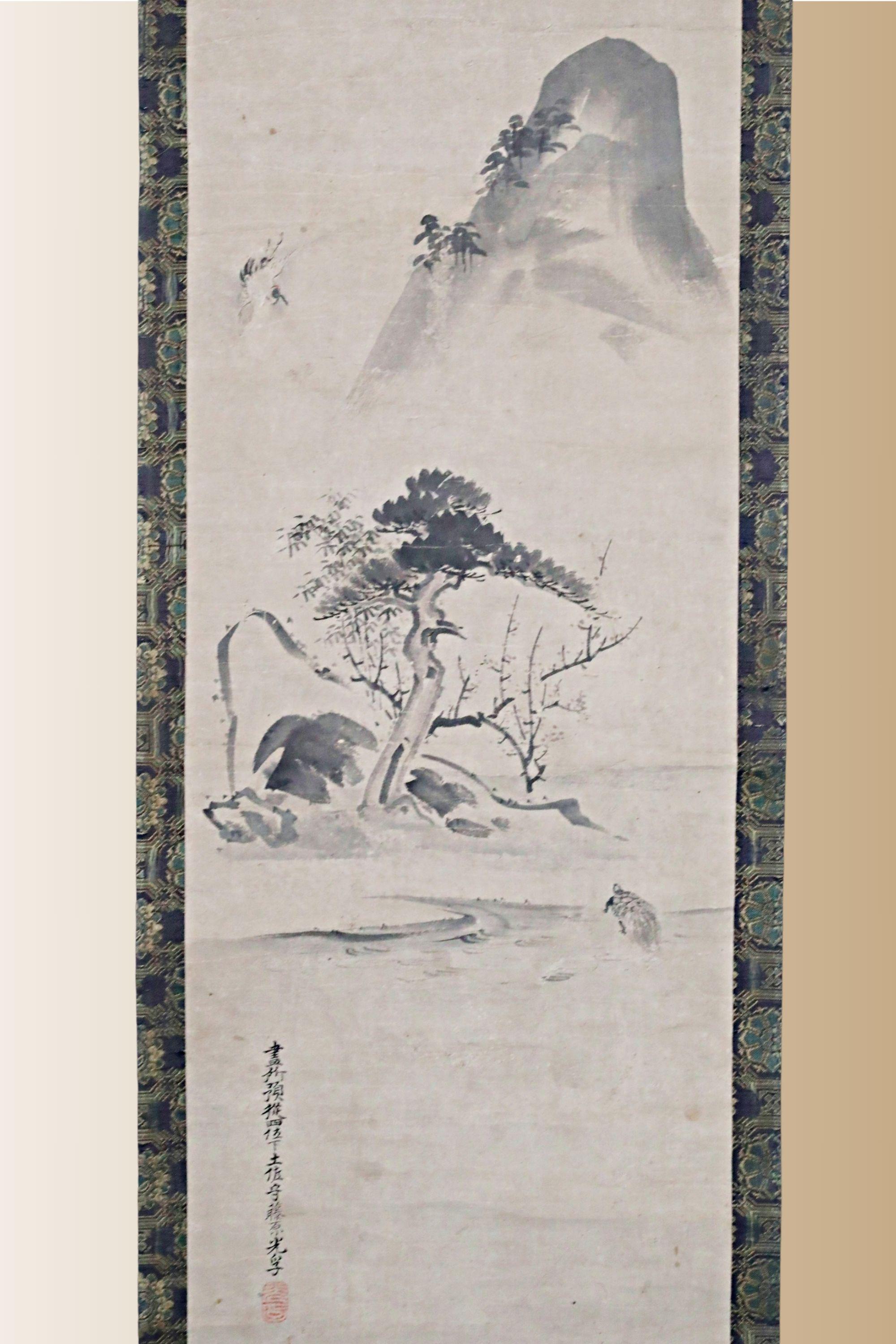 日本の骨董絵巻 江戸侘び寂び鶴亀墨掛軸 - Etsy 日本