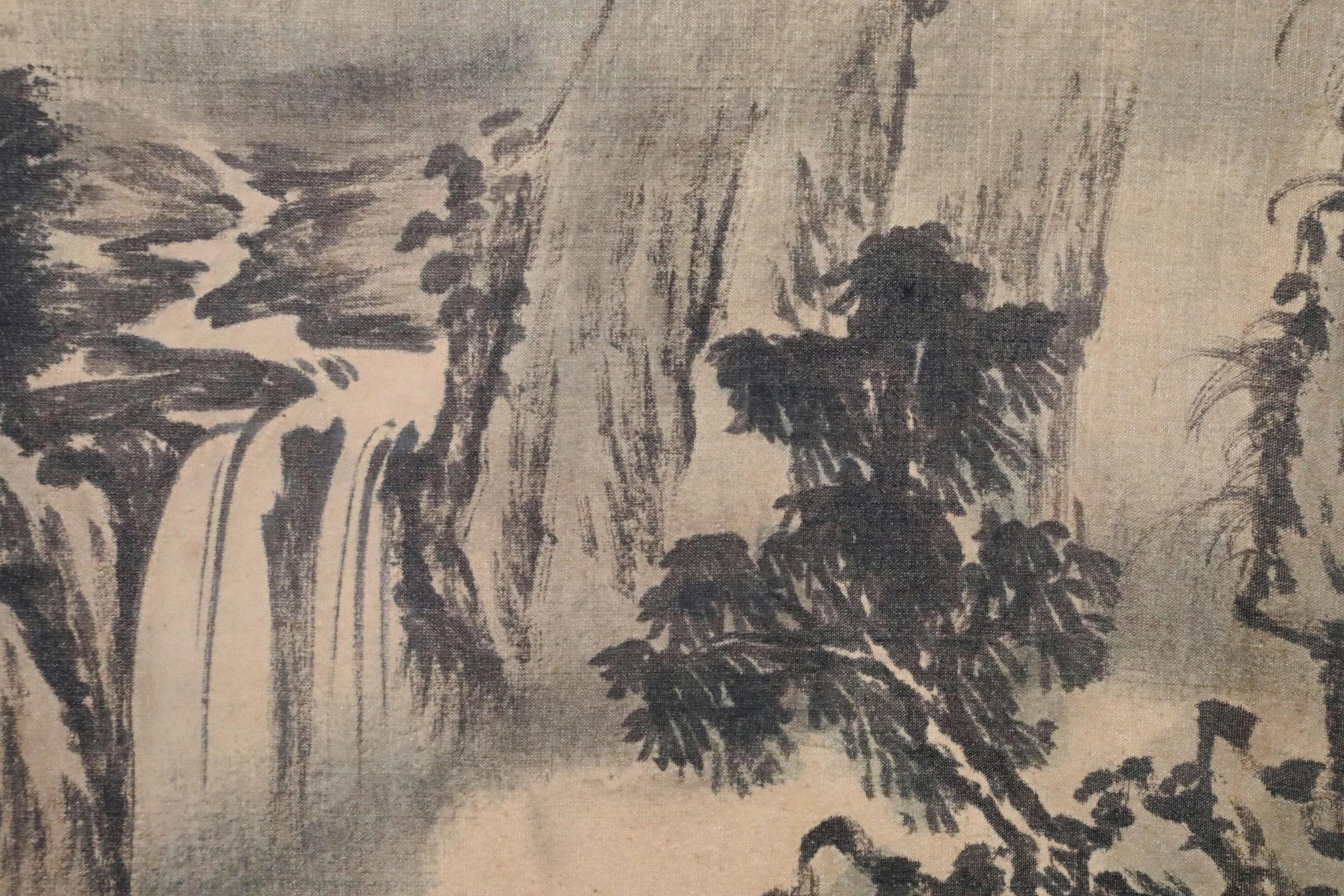 掛け軸 - ヴィンテージ 日本の墨絵 風景画 山の景色 掛軸 サイン入り
