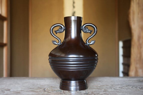 Bronze- Vintage 1960s Japanese Vase With Dragon Handles, Signed