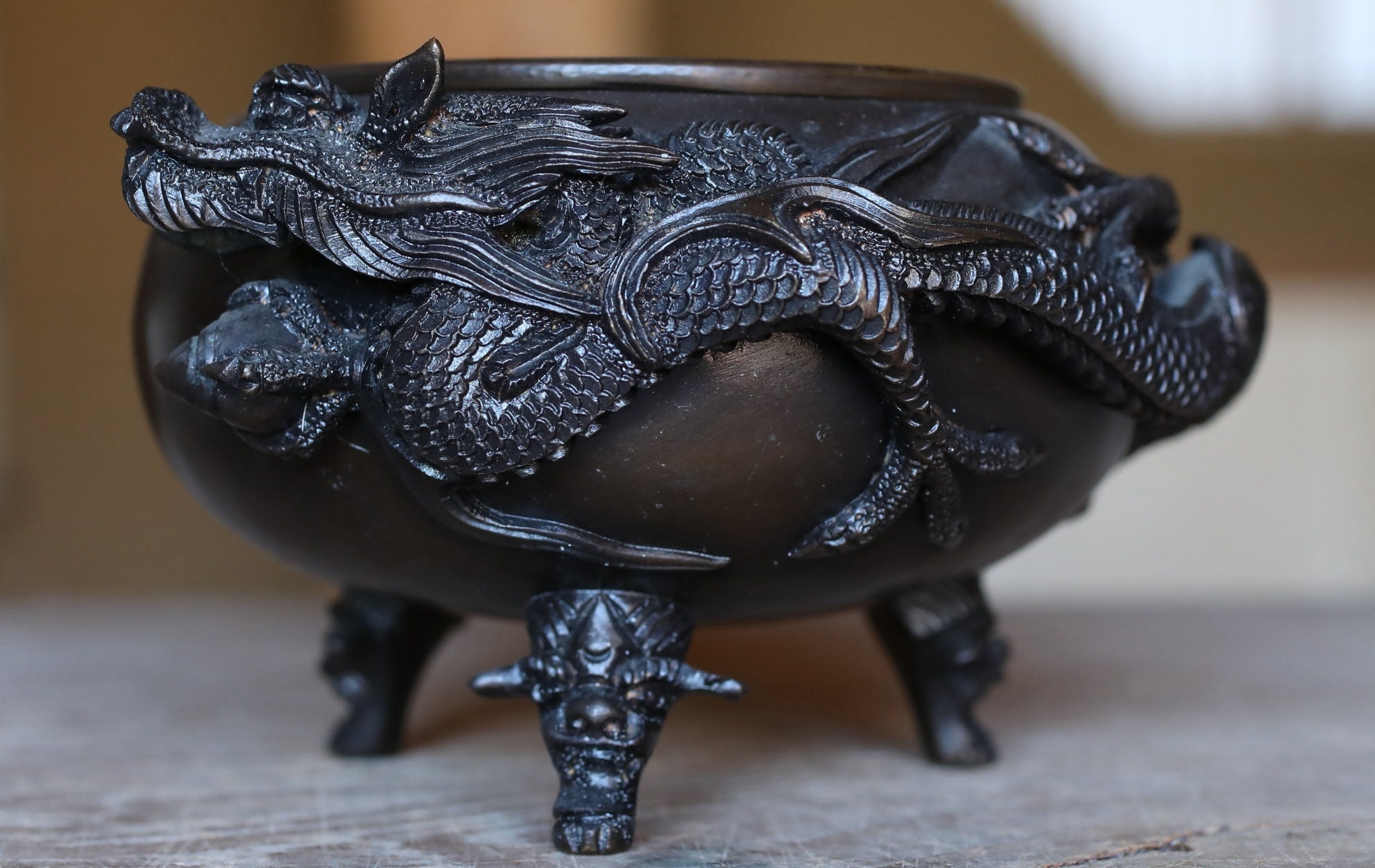 Bronze- Antique Japanese Dragon Censer, Buddhist Incense Burner
