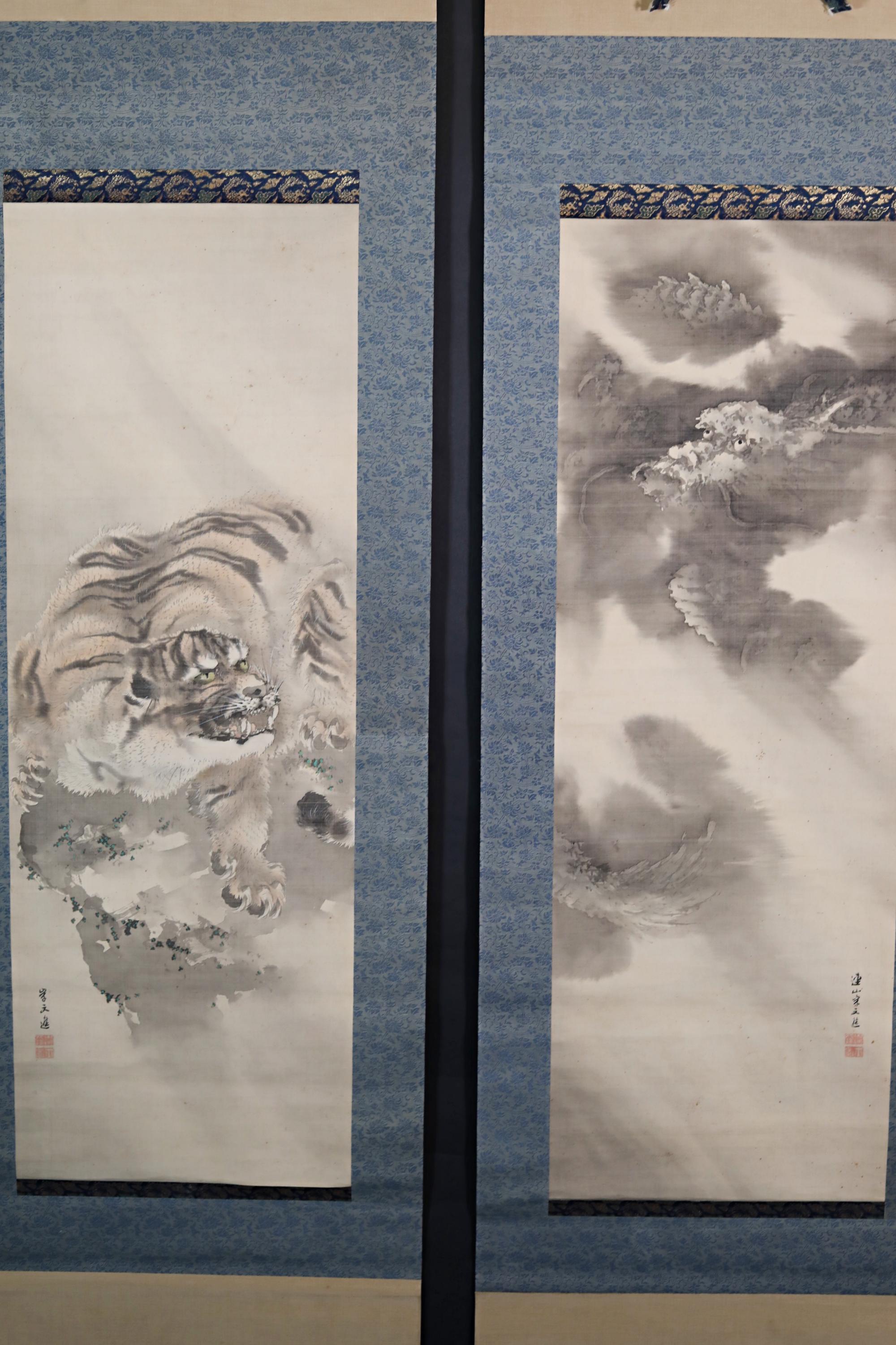 アンティークの日本の龍虎水墨画掛軸、有名な作家の署名入り、江戸時代