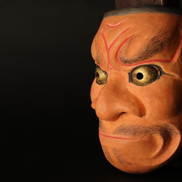 Japanese antique Noh mask demon wood carving 大癋見Obeshimi buddhist ornament statue with silk pouch /wooden craft sculpture H8.3in/H21cm