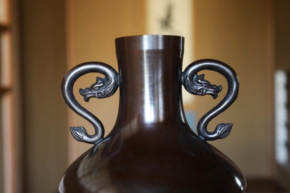 Bronze- Vintage 1960s Japanese Vase With Dragon Handles, Signed