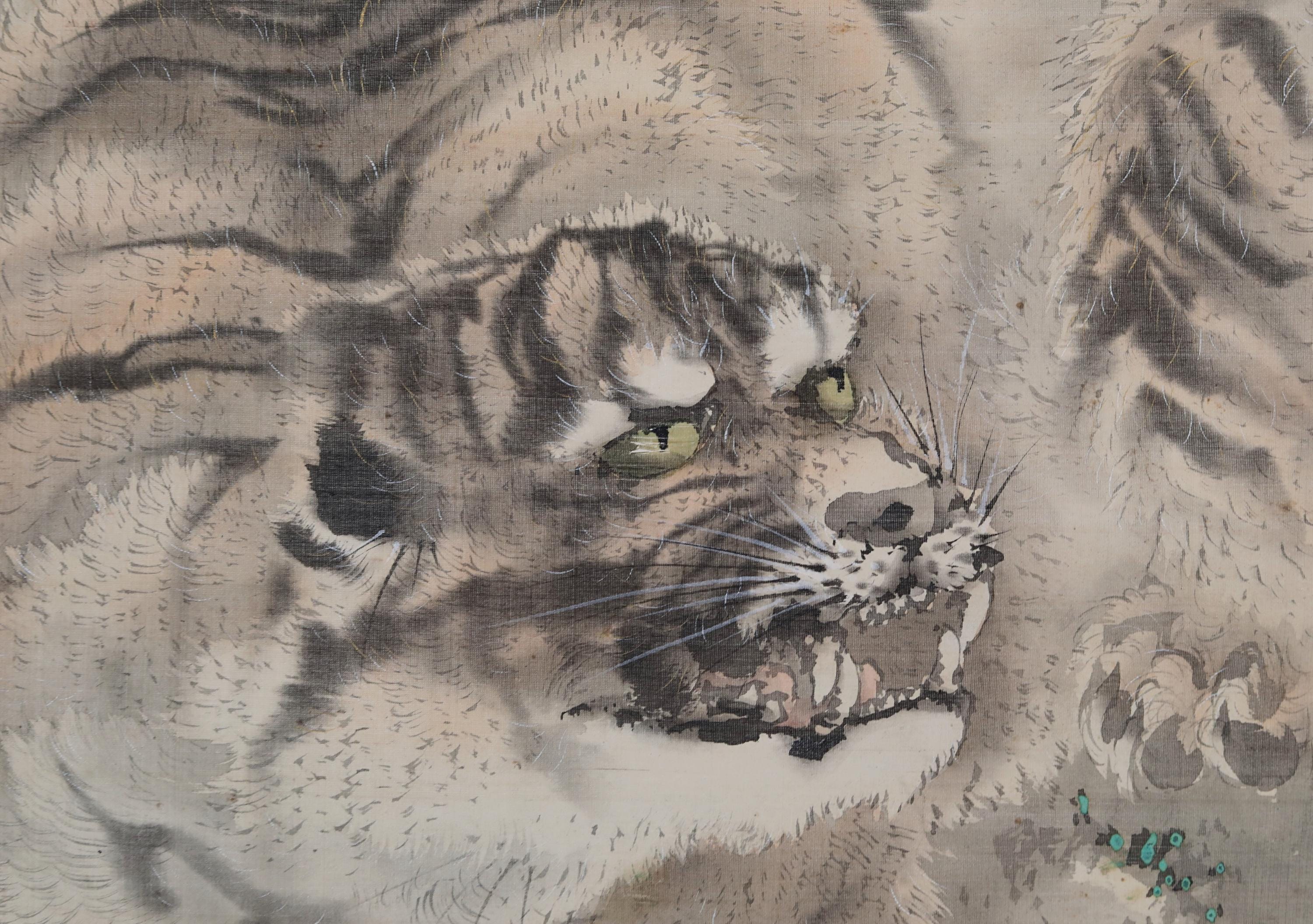 アンティークの日本の龍虎水墨画掛軸、有名な作家の署名入り、江戸時代