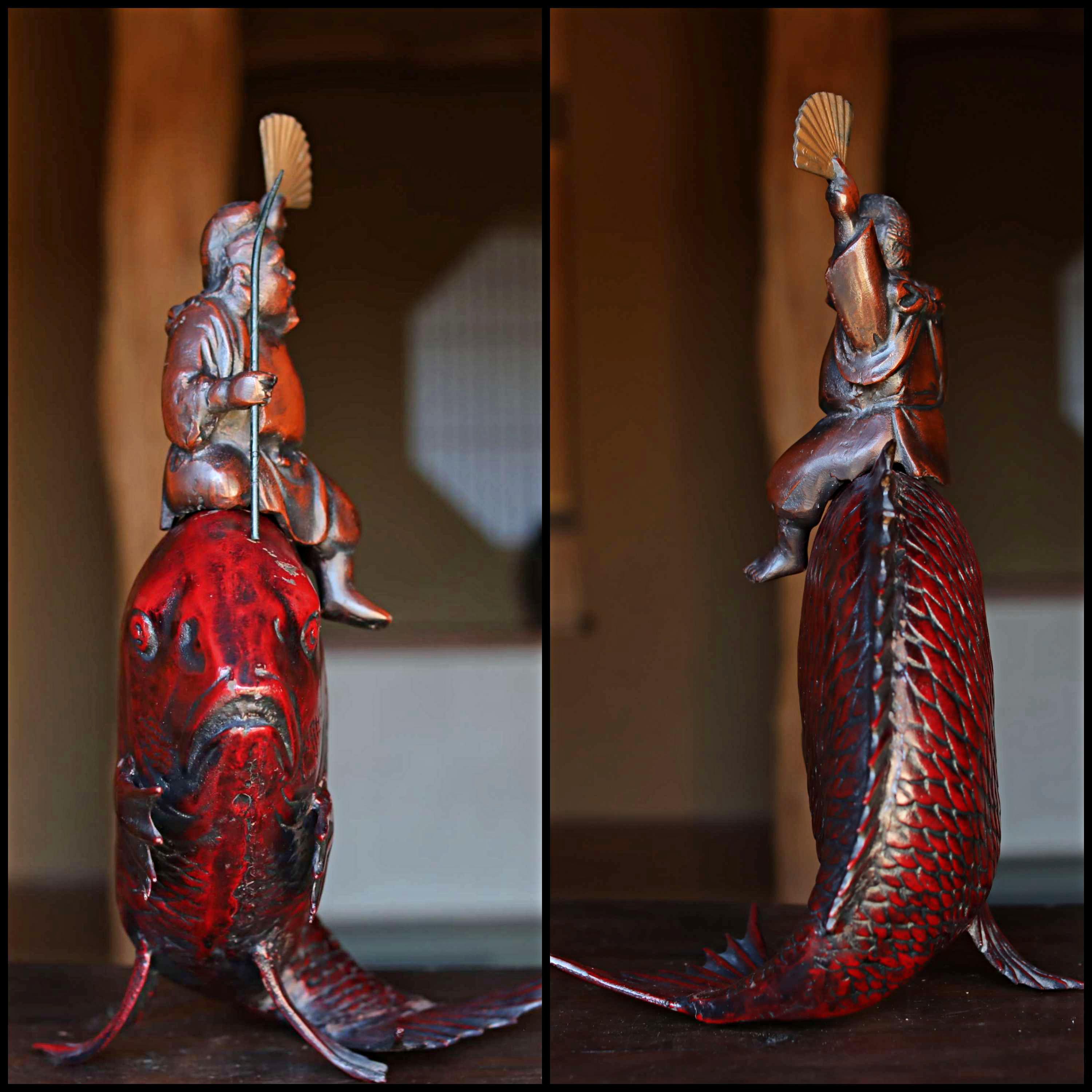 鯛 置物 　ヴィンテージ Vintage Japanese Cast Iron Ebisu & Tai Fish Large Ornament (h18