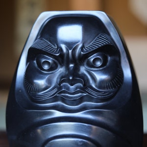 Japanese vintage stone doll Figurine of traditional Japanese character DARUMA 那智黒Nachiguro black stone H7.3×5.5in/H18.5×14cm