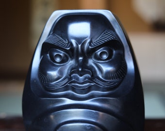 Japanese vintage stone doll Figurine of traditional Japanese character DARUMA 那智黒Nachiguro black stone H7.3×5.5in/H18.5×14cm