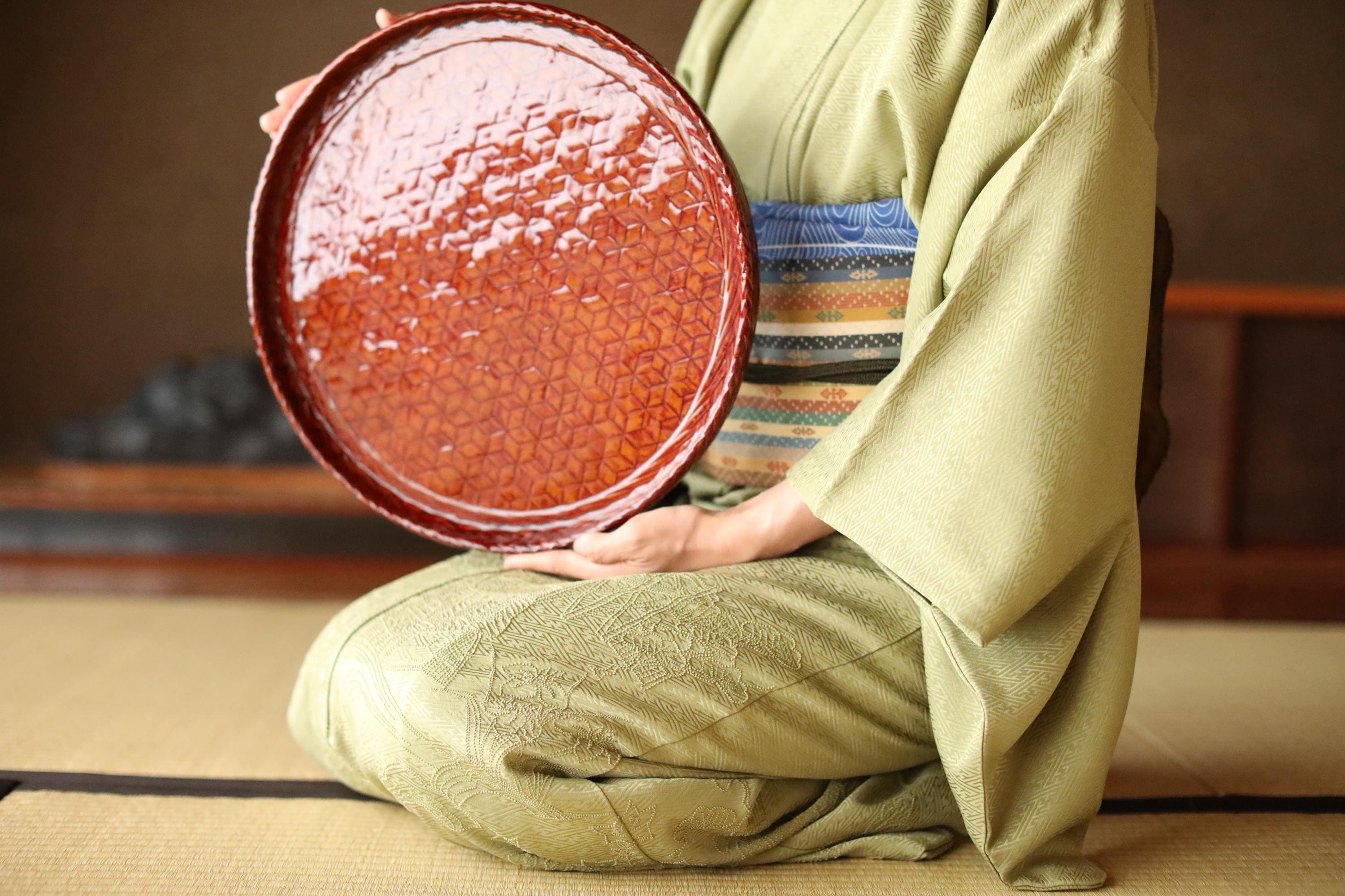 漆塗り - ヴィンテージ 日本製竹トレー：手織り茶道工芸品 H1.1xW14.3