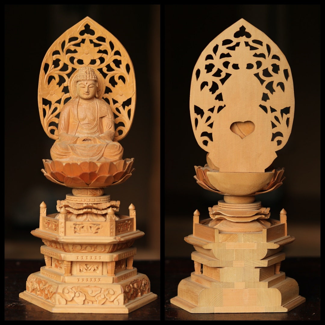 Japanese Wooden Statue of Gautama Buddha, Hand Carved Old Buddhism