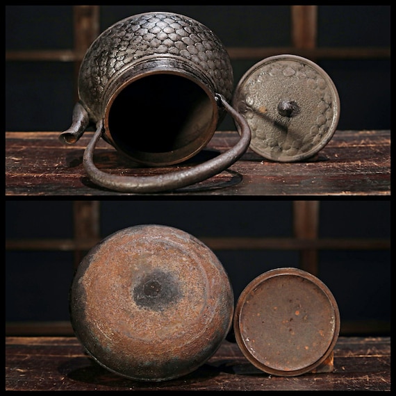 鉄瓶 - ヴィンテージ鋳鉄ケトル、南部鉄器、松の木のデザイン（高さ