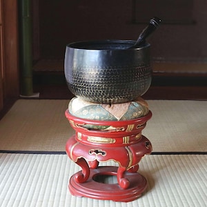 FINE! Japanese antique Bronze buddhist chanting bell with sign妙龍, Singing Bowl, ORIN Buddhist with wooden stand cushions stick W9.1in/W23cm
