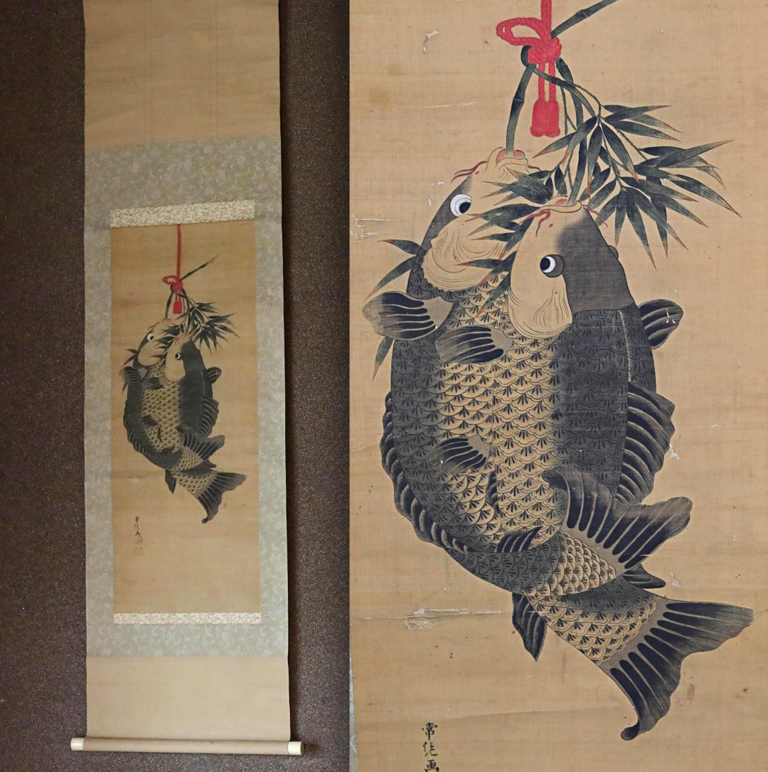 素晴らしい！1800年代の日本のアンティーク水彩画の掛軸、鯉の絵