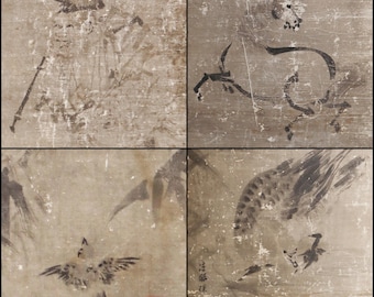 Large! Japanese antique furniture Byobu wind screen of gold water ink painting of Horses, people, birds 1800s Edo H67.9×99.8in/H172.5x253cm