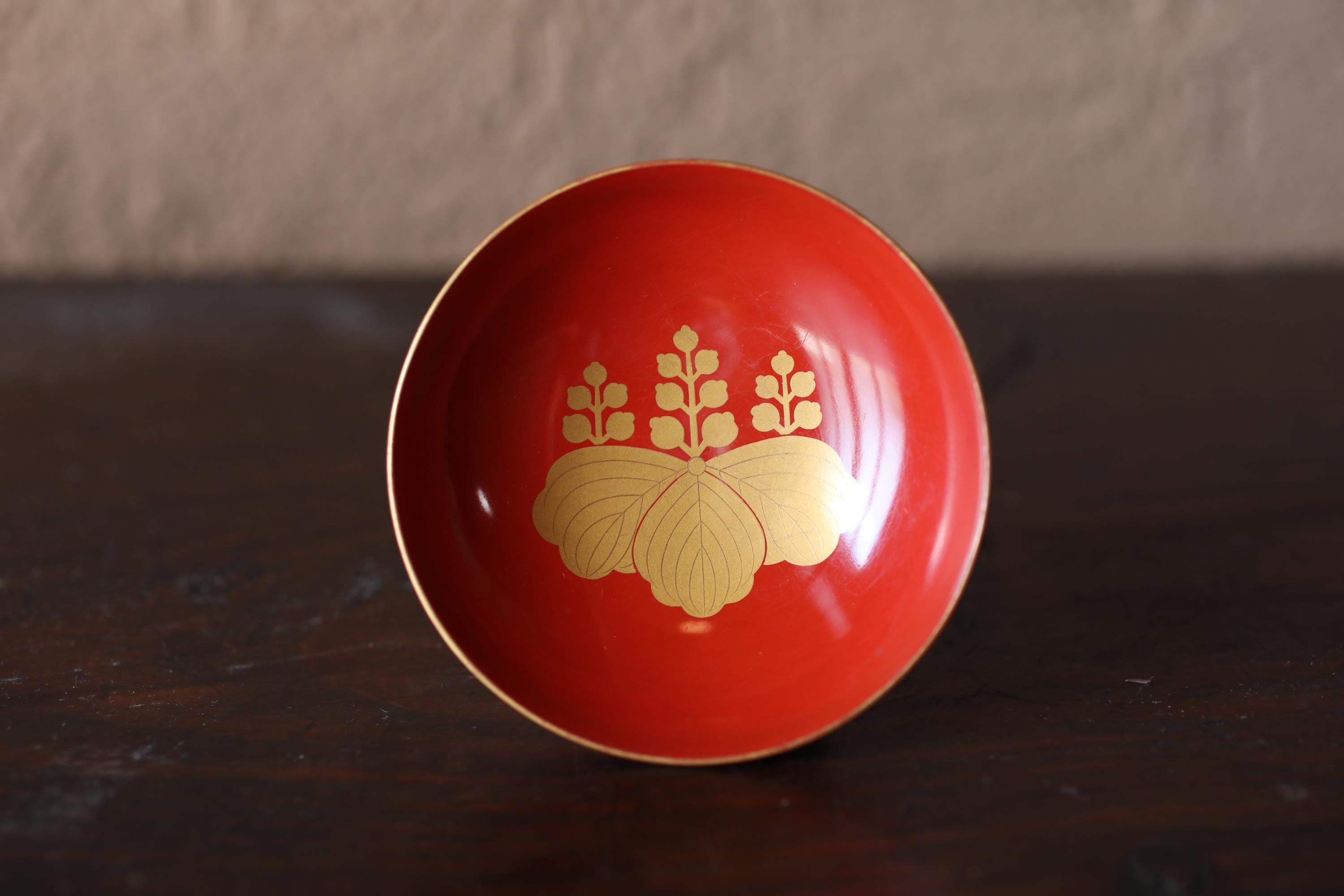 Lacquer Urushi- Vintage Japanese Red Sake Cup, Samurai Crest, Wood