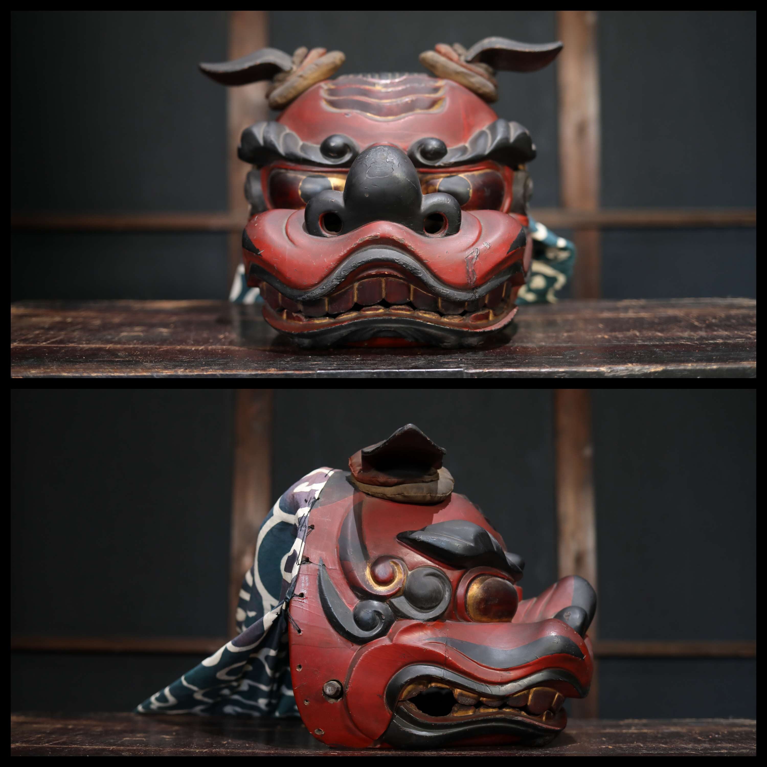 Japanese Antique 1800s Shishi BIG Wood Mask With Large Cloth