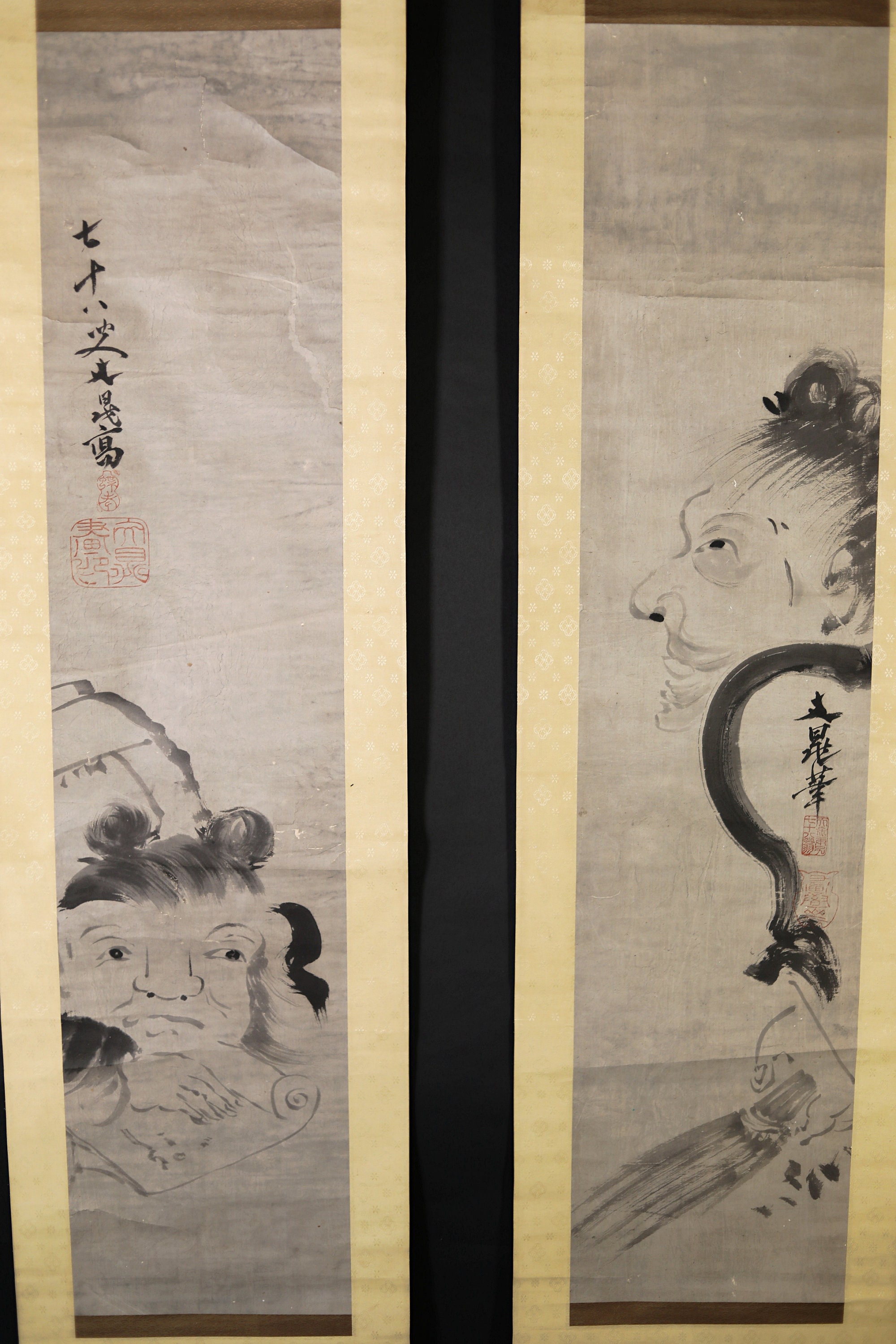Pair of Japanese Antique Ink Painting Scroll Zen Monks 谷